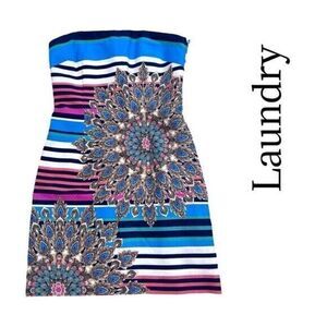 LAUNDRY by Shelli Segal Blue/Coral/Pink Floral Striped Strapless Dress Sz 2 EUC